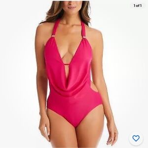 Bar III Women's Ruby Solid Cowlneck Halter One-Piece Swimsuit Size m